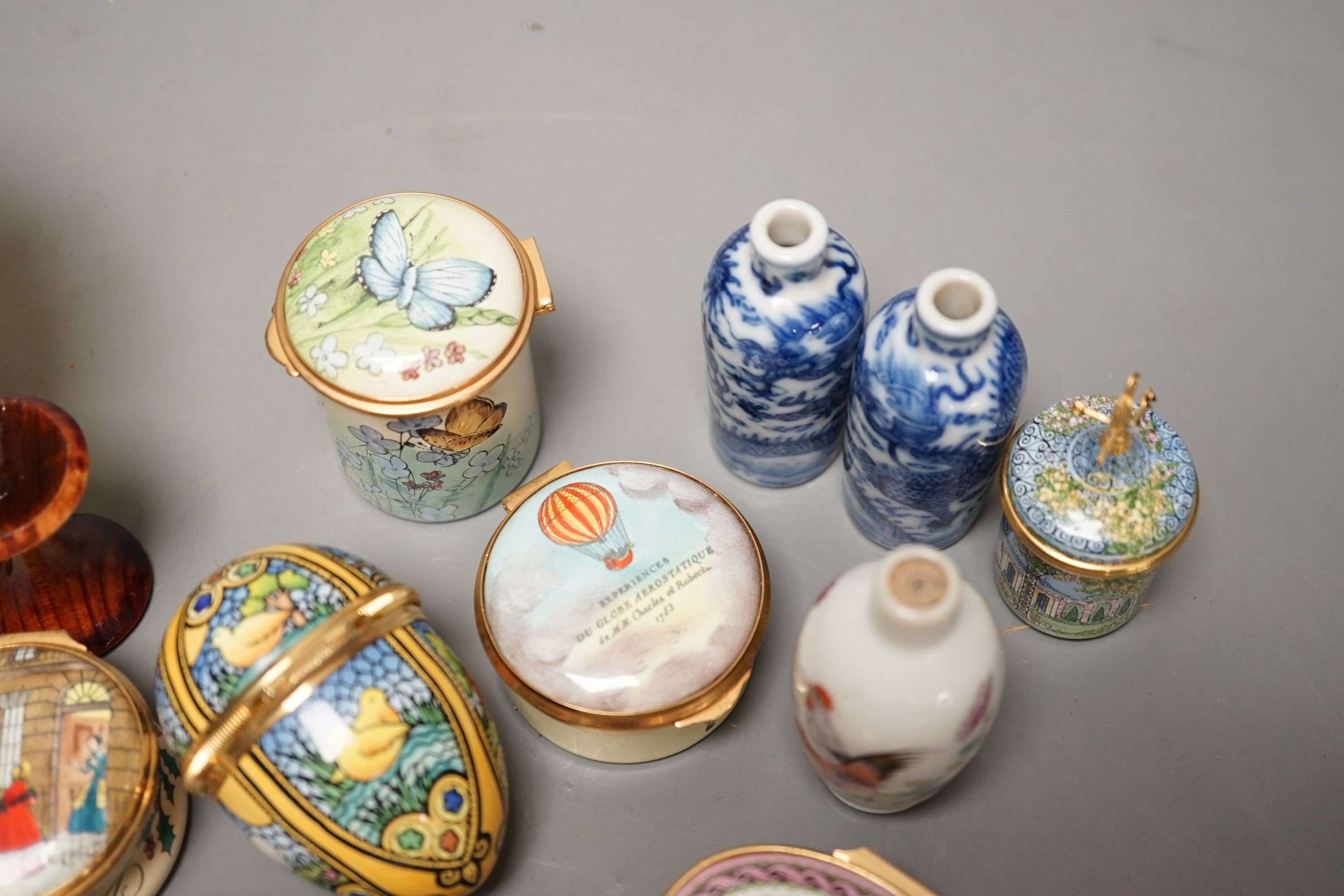Mixed group of Halcyon days enamel boxes and a green Hardstone bowl
